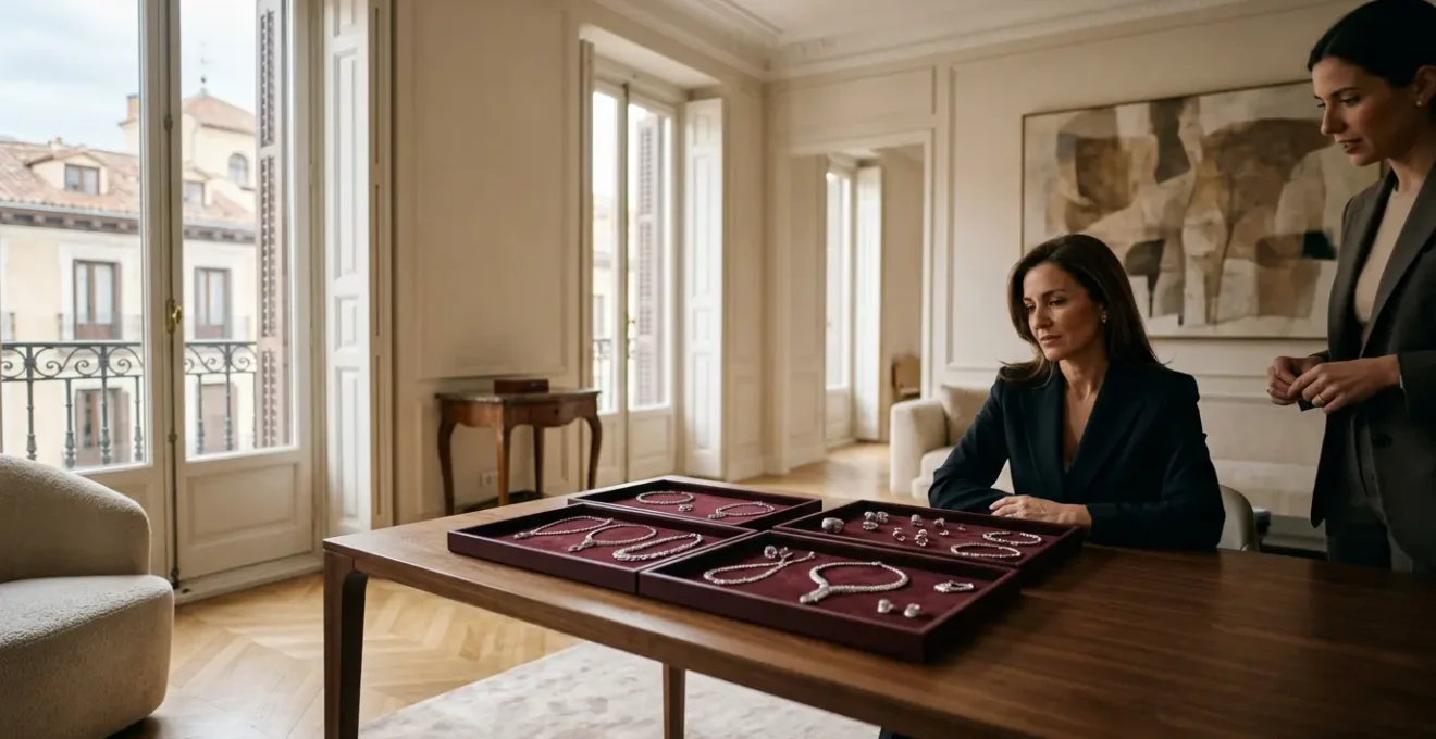 Joyería de lujo en exposición privada con piezas exclusivas y diamantes