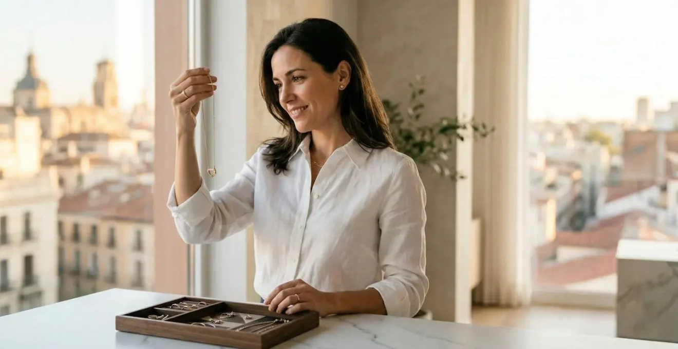 Ejecutiva profesional preparándose con accesorios estratégicos antes de reunión decisiva en entorno corporativo español