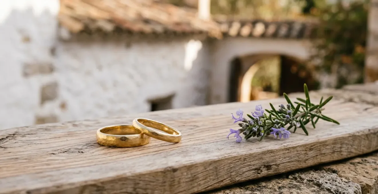 Alianzas de boda artesanales en oro ético Fairmined sobre fondo natural mediterráneo