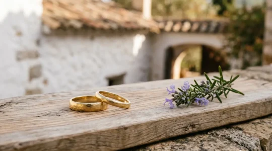 Alianzas de boda artesanales en oro ético Fairmined sobre fondo natural mediterráneo