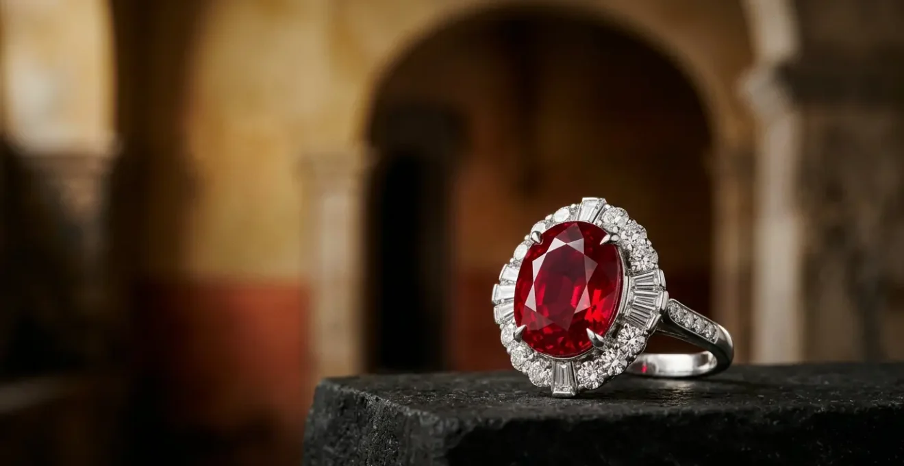 Pieza de alta joyería con rubí y diamantes sobre fondo arquitectónico elegante reflejando exclusividad del mercado de subastas