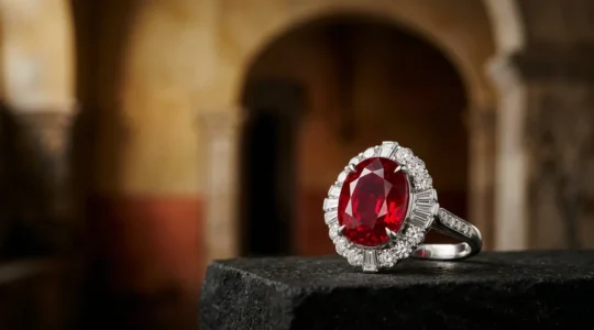 Pieza de alta joyería con rubí y diamantes sobre fondo arquitectónico elegante reflejando exclusividad del mercado de subastas