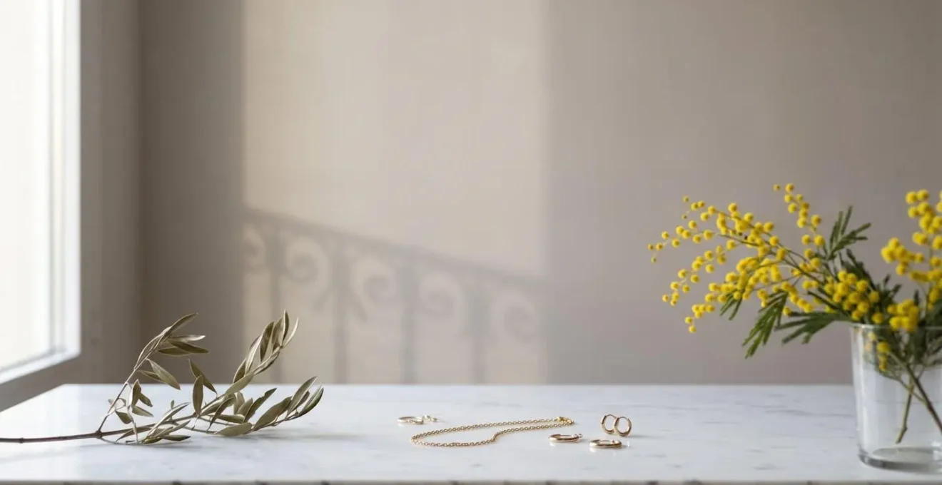 Composición minimalista evocando el paso de las estaciones con elementos naturales y joyería dispuesta sobre superficie neutra