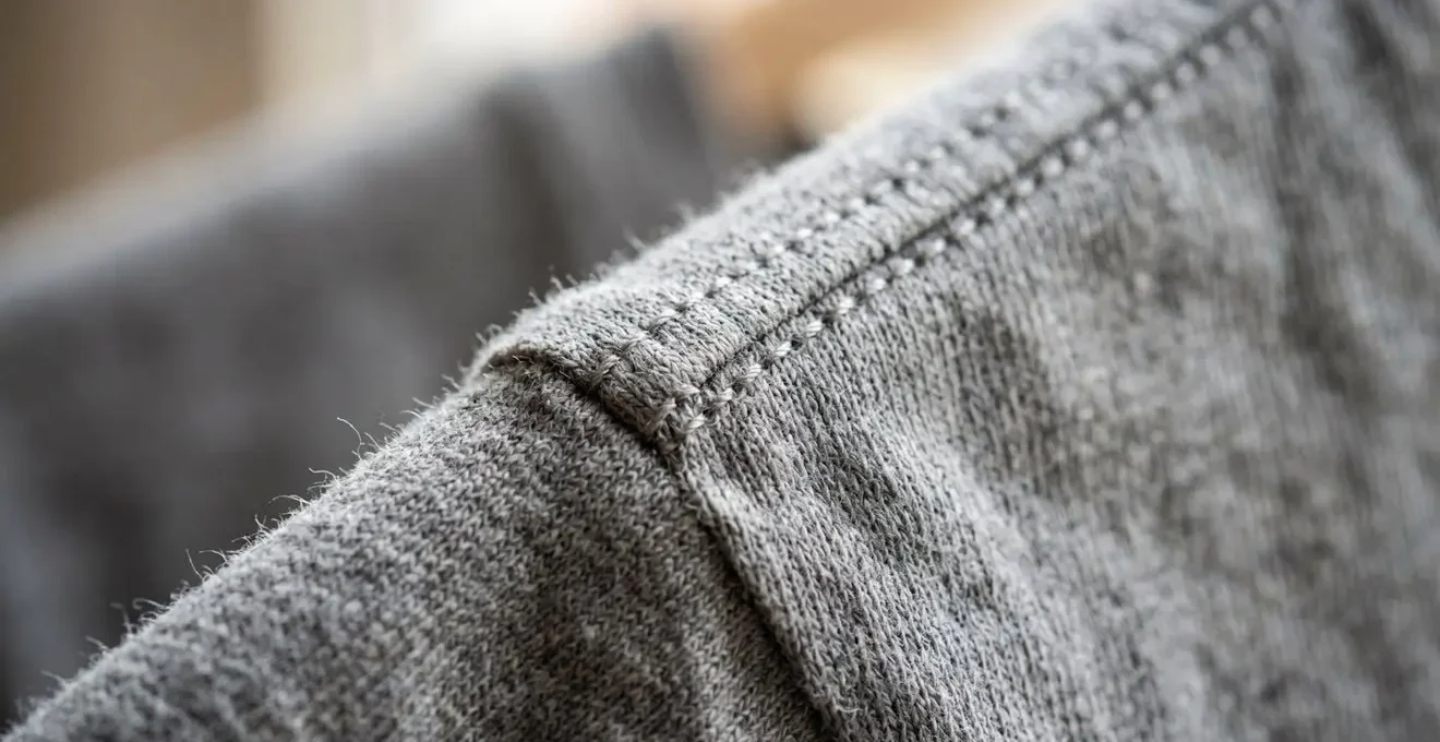 Detalle macro de la costura del hombro de una camiseta premium mostrando la calidad del patronaje