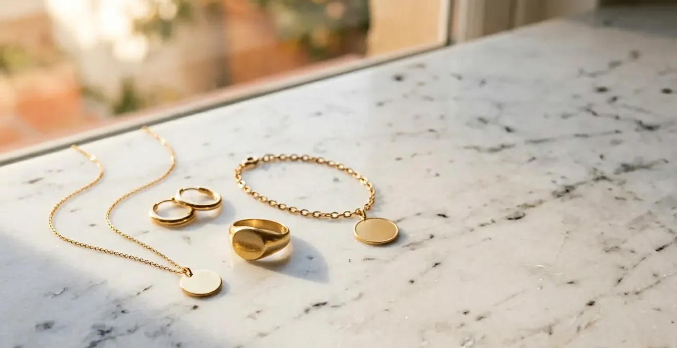 Composición elegante de cinco piezas esenciales de joyería minimalista sobre superficie neutra