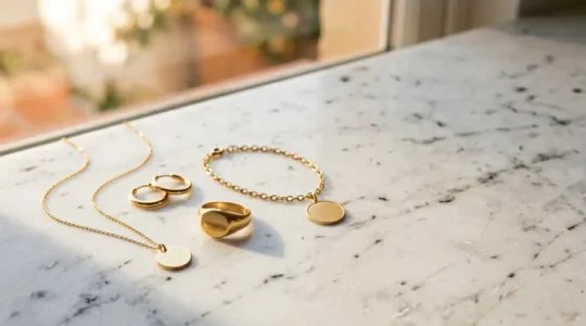 Composición elegante de cinco piezas esenciales de joyería minimalista sobre superficie neutra