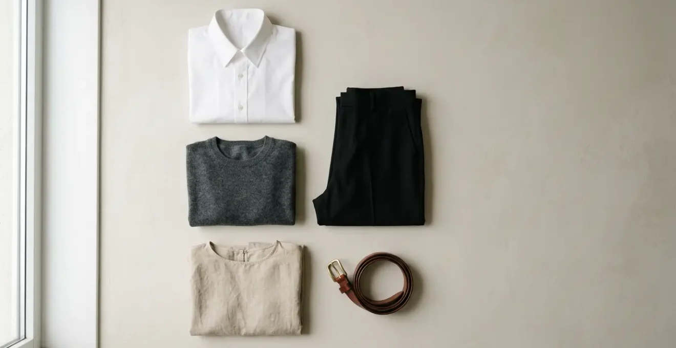 Composición minimalista de prendas básicas de calidad sobre fondo neutro en España
