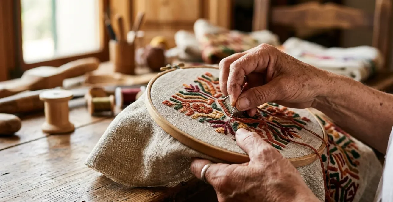 Manos de artesana bordando a mano sobre tejido tradicional con hilos de colores en taller artesanal español