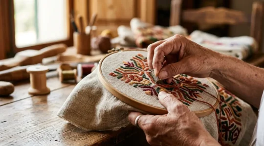 Manos de artesana bordando a mano sobre tejido tradicional con hilos de colores en taller artesanal español
