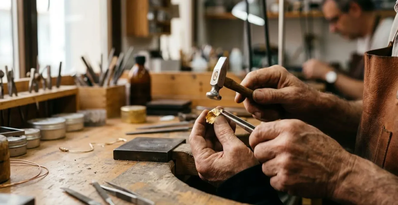 Manos de joyero artesano trabajando oro reciclado certificado en taller español