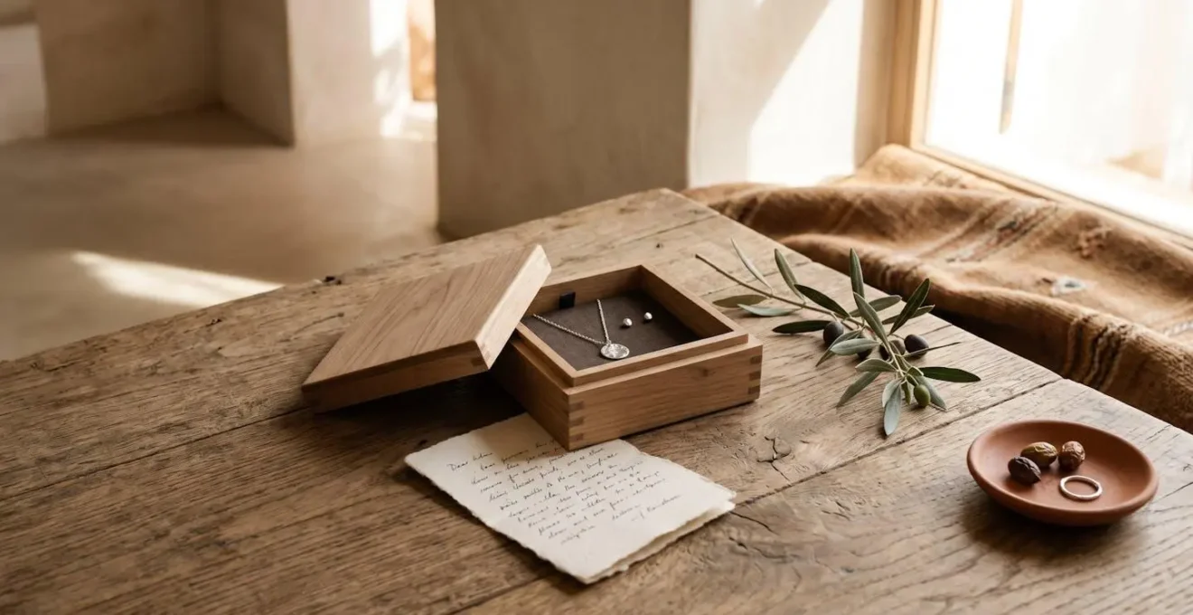 Caja de joyería artesanal abierta con nota manuscrita y elementos decorativos españoles bajo luz cálida mediterránea