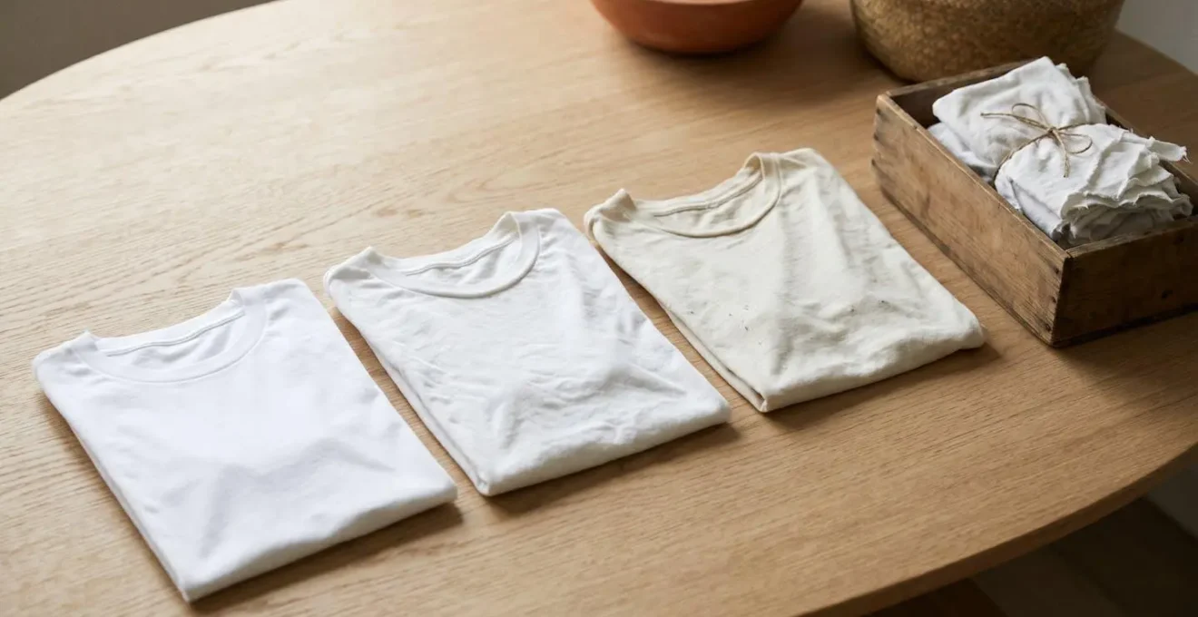 Secuencia conceptual mostrando el ciclo de vida de una camiseta blanca desde nueva hasta reciclaje