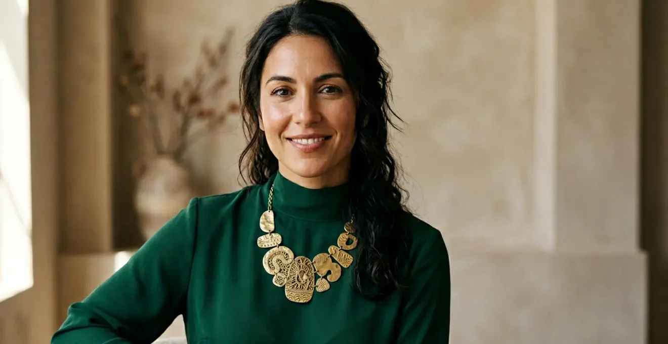 Mujer con collar maxi statement cerca del rostro en ambiente elegante