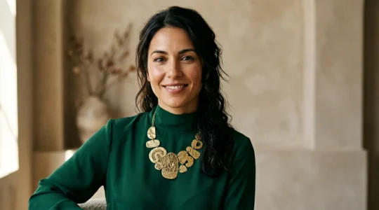 Mujer con collar maxi statement cerca del rostro en ambiente elegante