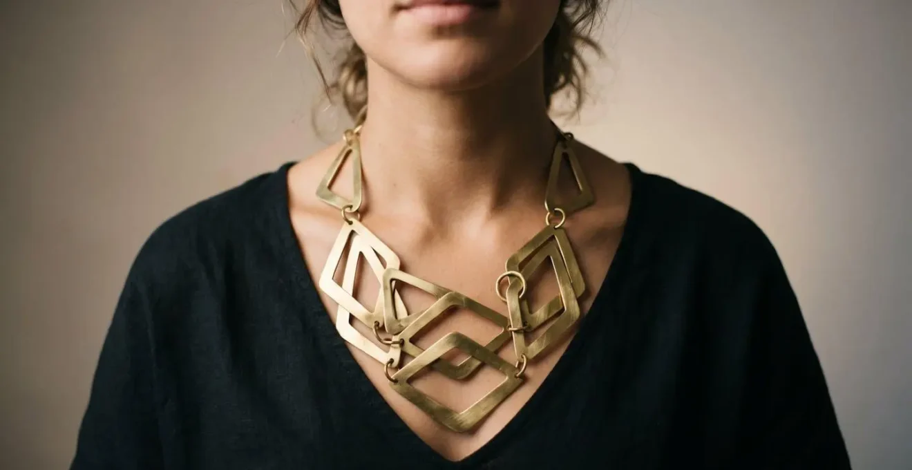 Plano medio de cuello y escote con collar maxi geométrico que atrae toda la atención visual