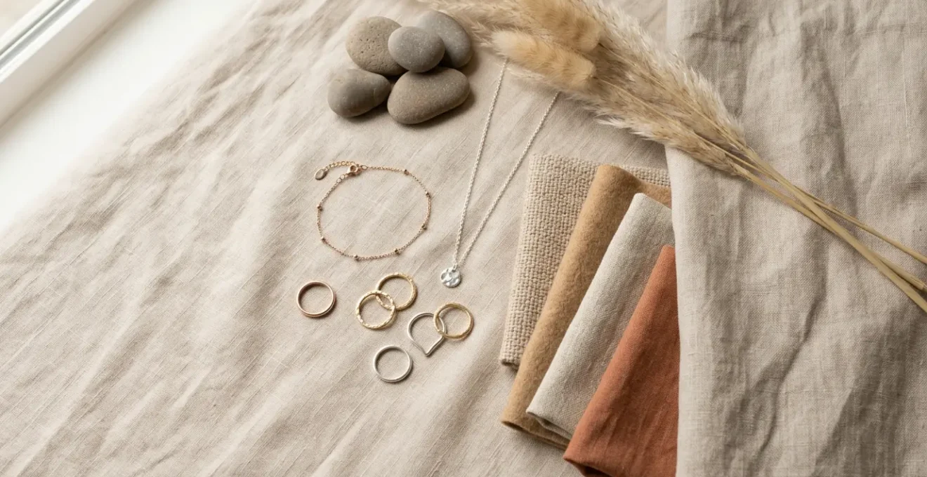 Composición elegante de joyas de oro y plata sobre tejidos en tonos beige y tierra con luz natural