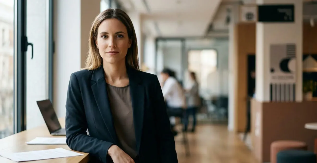 Mujer profesional en oficina moderna con piel mate y sin brillos en zona T durante jornada laboral