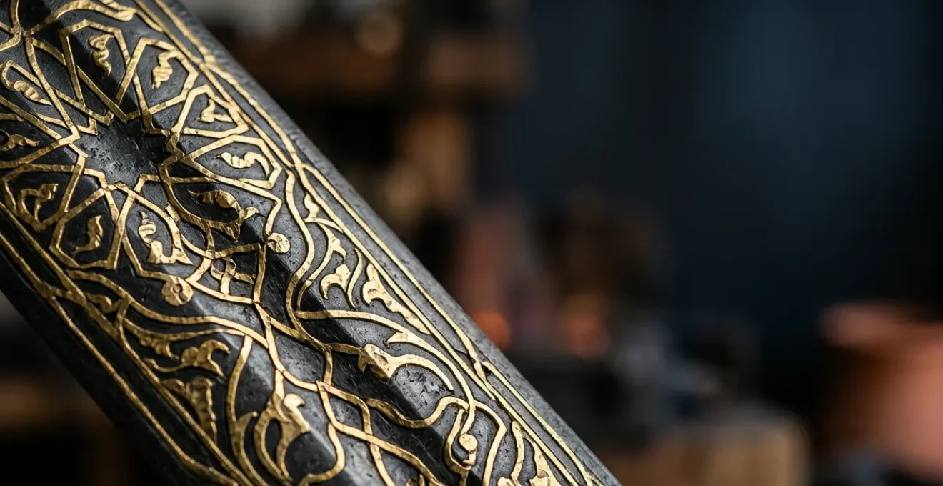 Detalle macro de incrustaciones de oro sobre acero pavonado en técnica de damasquinado toledano tradicional