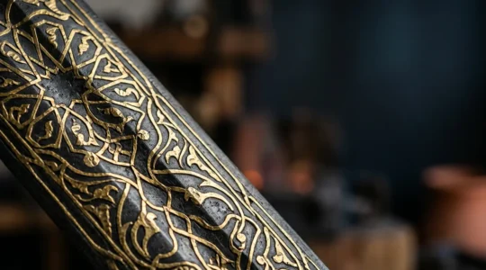 Detalle macro de incrustaciones de oro sobre acero pavonado en técnica de damasquinado toledano tradicional