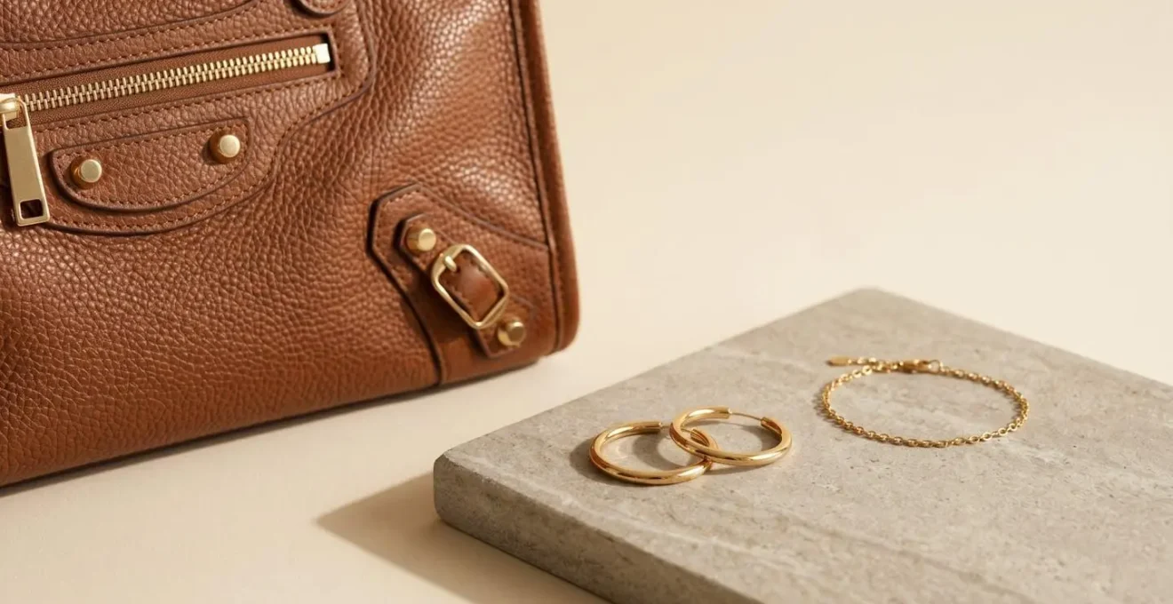Composición minimalista mostrando joyería delicada en tonos dorados junto a detalle de bolso de piel de alta calidad