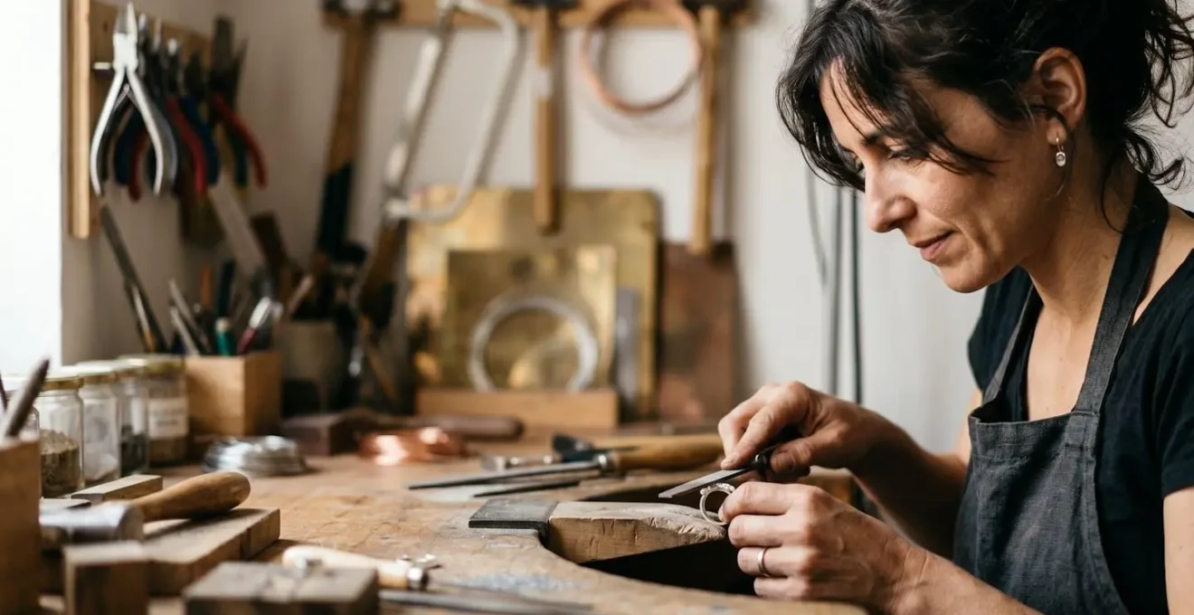 Diseñadora de joyería trabajando en pieza contemporánea en taller artesanal español con herramientas tradicionales