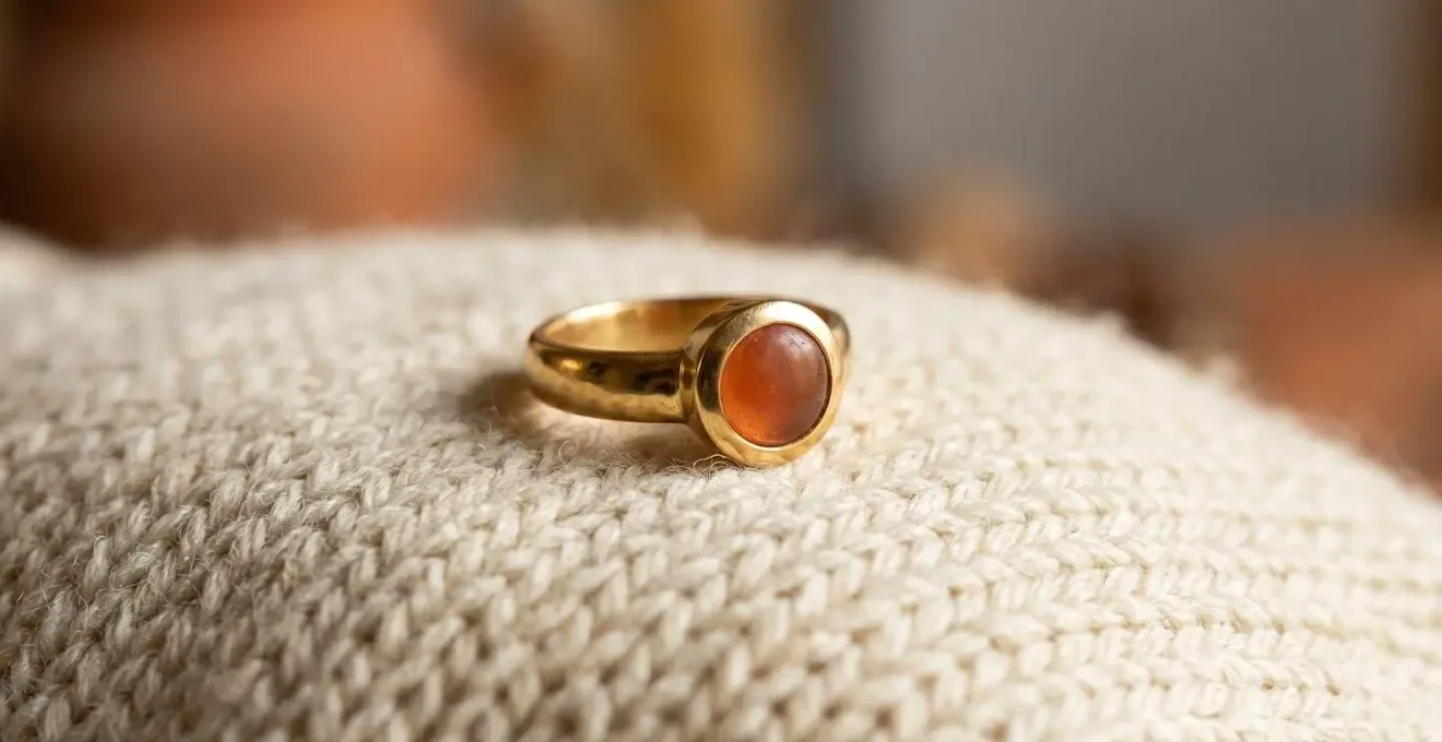 Anillo con engaste de bisel plano sobre fondo minimalista con luz natural