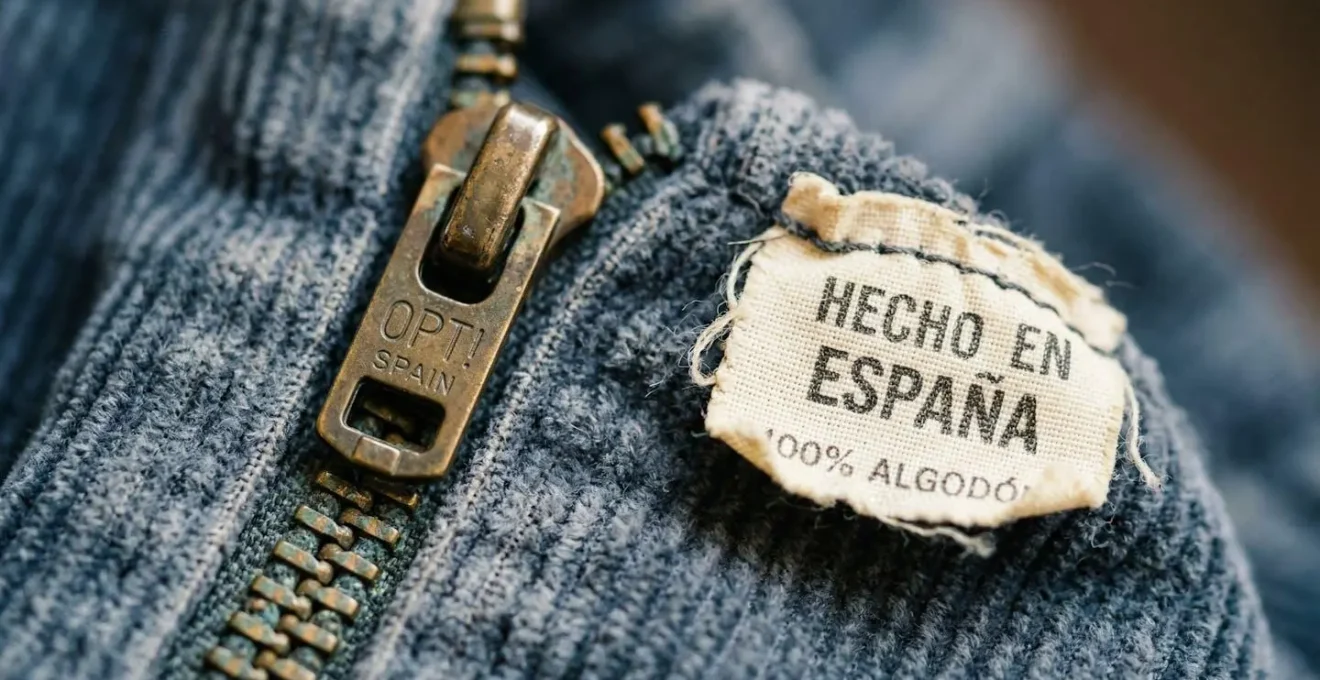 Detalle macro de cremallera metálica y etiqueta vintage de prenda española de los años 70