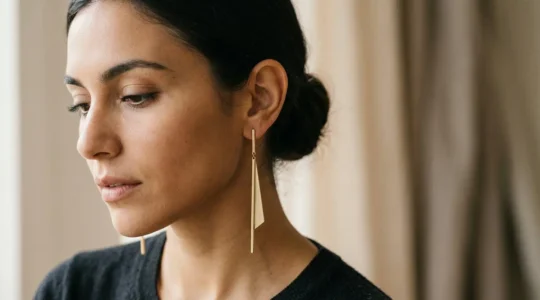 Primer plano de rostro femenino con pendientes geométricos que estilizan el perfil