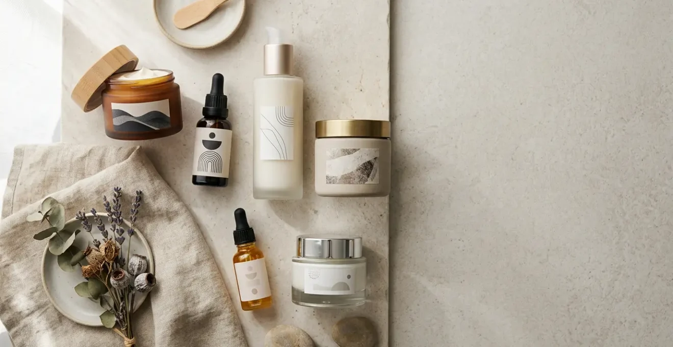 Composición minimalista de productos de skincare para piel madura sobre fondo neutral con luz natural