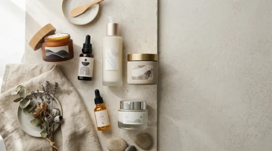Composición minimalista de productos de skincare para piel madura sobre fondo neutral con luz natural