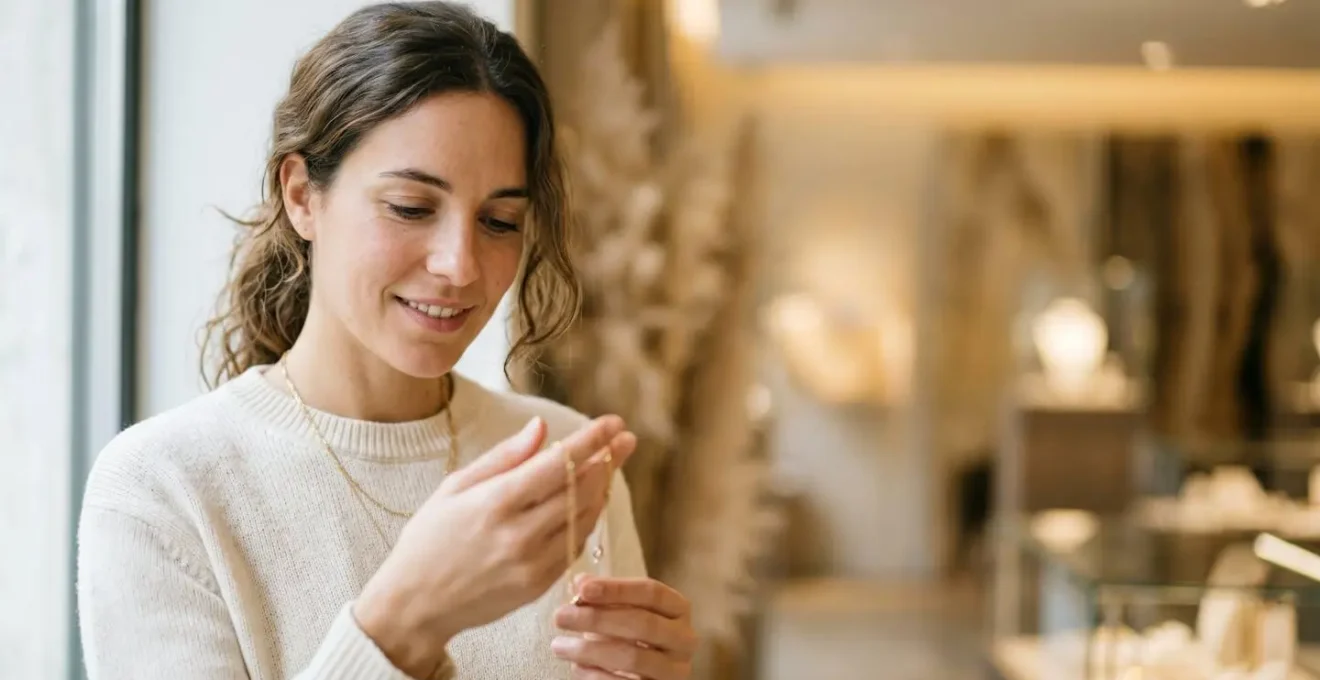 Momento íntimo de una mujer contemplando una joya durante las rebajas, expresando reflexión y deseo