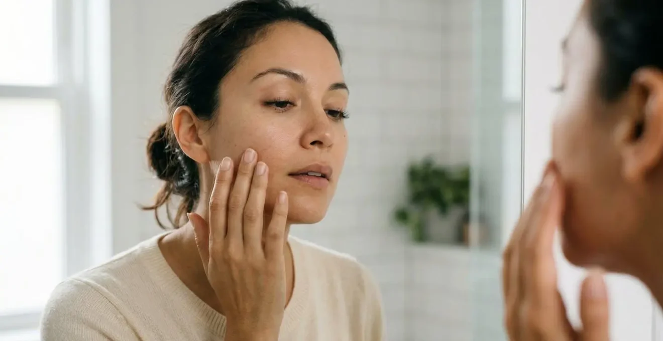Mujer observando su piel en espejo durante cambio de estación