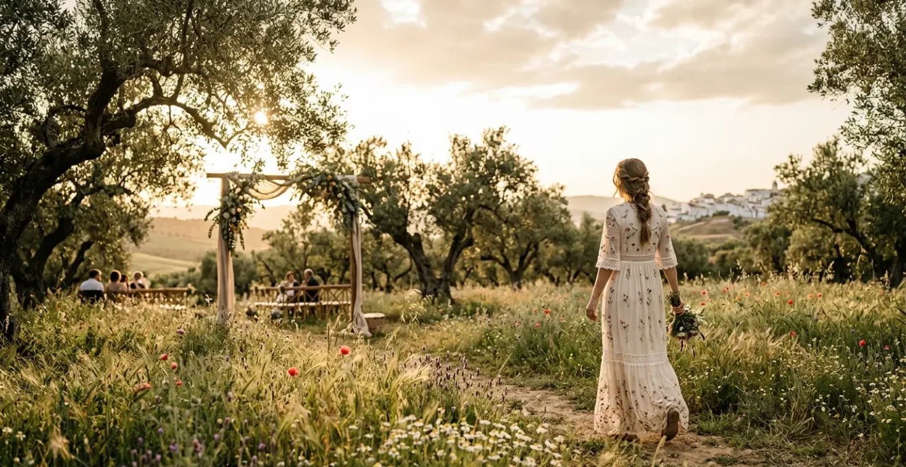 Invitada con vestido boho en boda campestre al aire libre con flores naturales y alpargatas