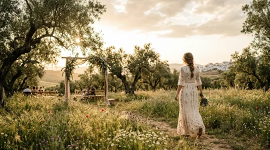 Invitada con vestido boho en boda campestre al aire libre con flores naturales y alpargatas