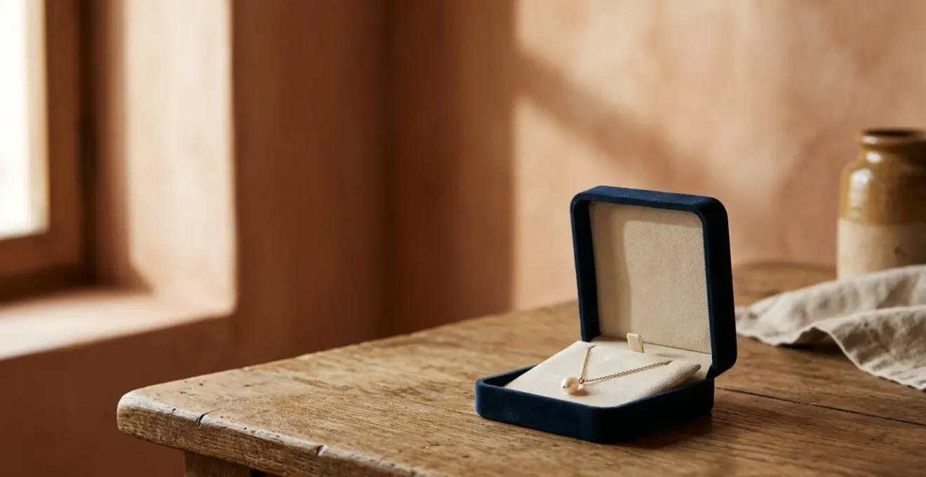 Caja de joyería abierta con luz natural suave revelando una joya elegante sobre fondo minimalista