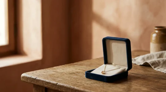 Caja de joyería abierta con luz natural suave revelando una joya elegante sobre fondo minimalista