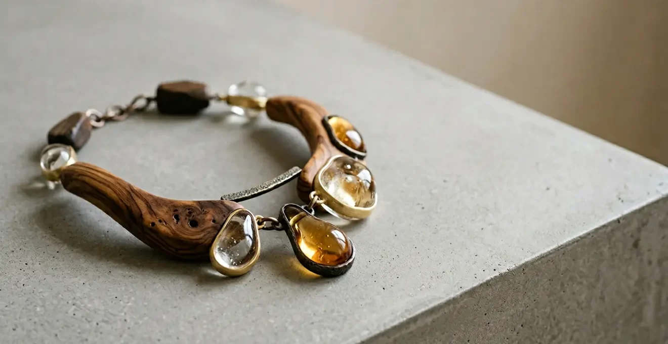Detalle macro de joya artesanal combinando madera, vidrio y elementos naturales sobre fondo minimalista