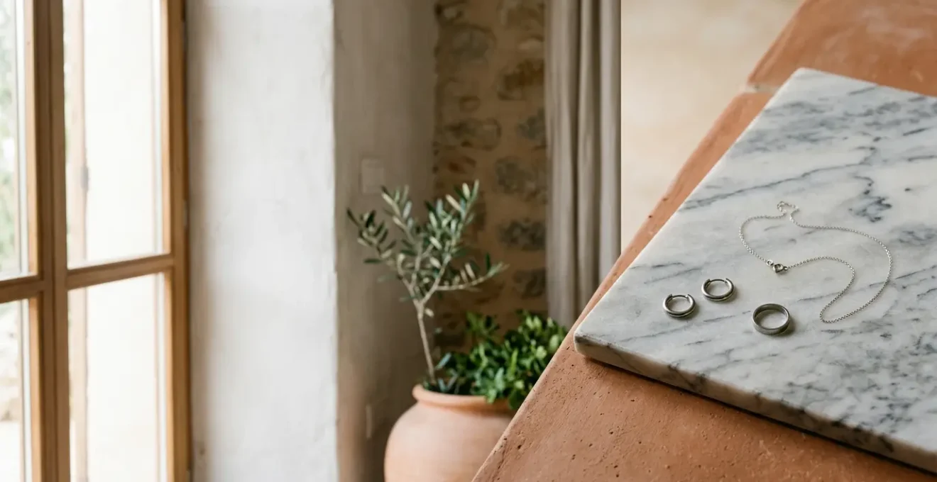 Joyas minimalistas de titanio sobre superficie neutra con luz natural suave