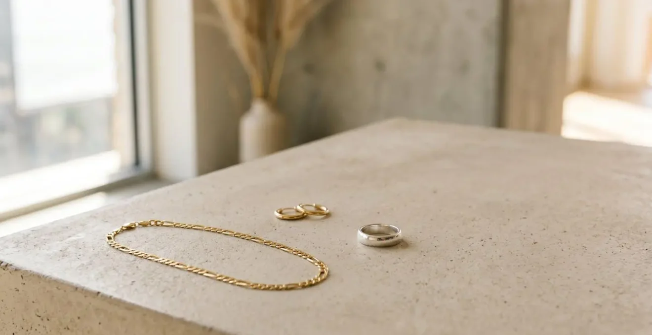 Composición minimalista de joyas clásicas de oro y plata sobre fondo neutro que representan diseños atemporales con valor de reventa