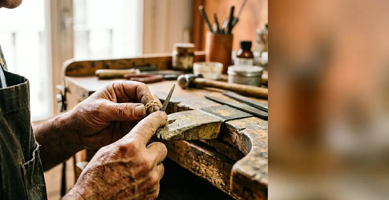 Artesano joyero trabajando una pieza de oro personalizada en su taller con herramientas tradicionales