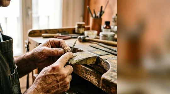 Artesano joyero trabajando una pieza de oro personalizada en su taller con herramientas tradicionales
