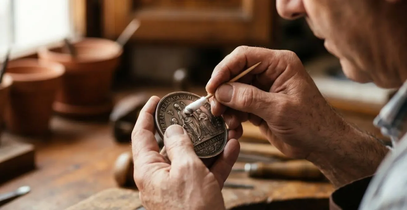 Técnica de limpieza de precisión en letras grabadas de medalla de plata conservando pátina