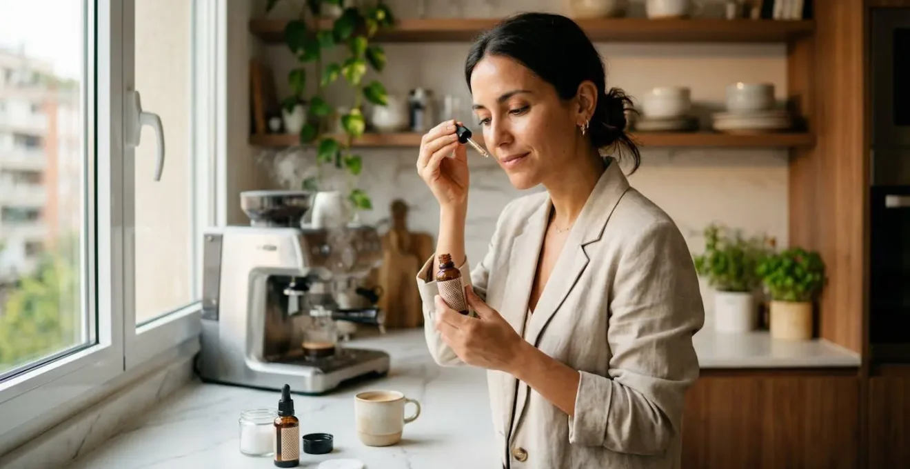 Madre aplicándose crema facial mientras prepara el desayuno en cocina española moderna