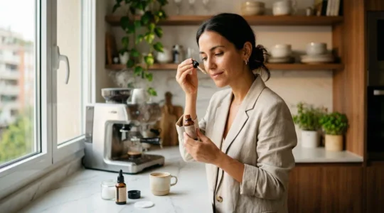 Madre aplicándose crema facial mientras prepara el desayuno en cocina española moderna