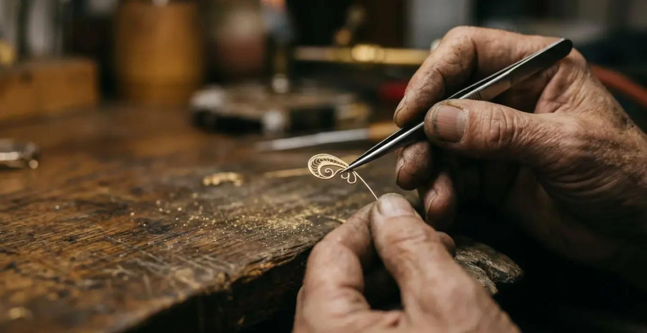 Maestro orfebre trabajando con técnicas tradicionales de filigrana en su taller artesanal español