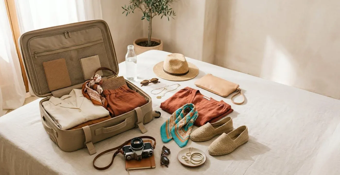 Maleta de cabina abierta con ropa bohemia y accesorios de festival sobre fondo neutro