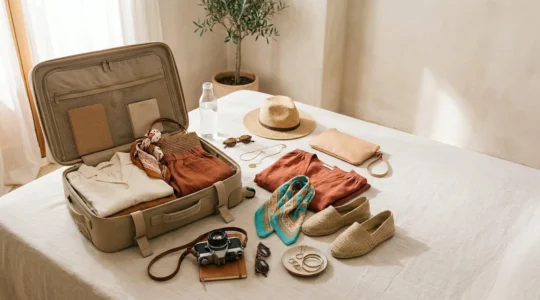 Maleta de cabina abierta con ropa bohemia y accesorios de festival sobre fondo neutro