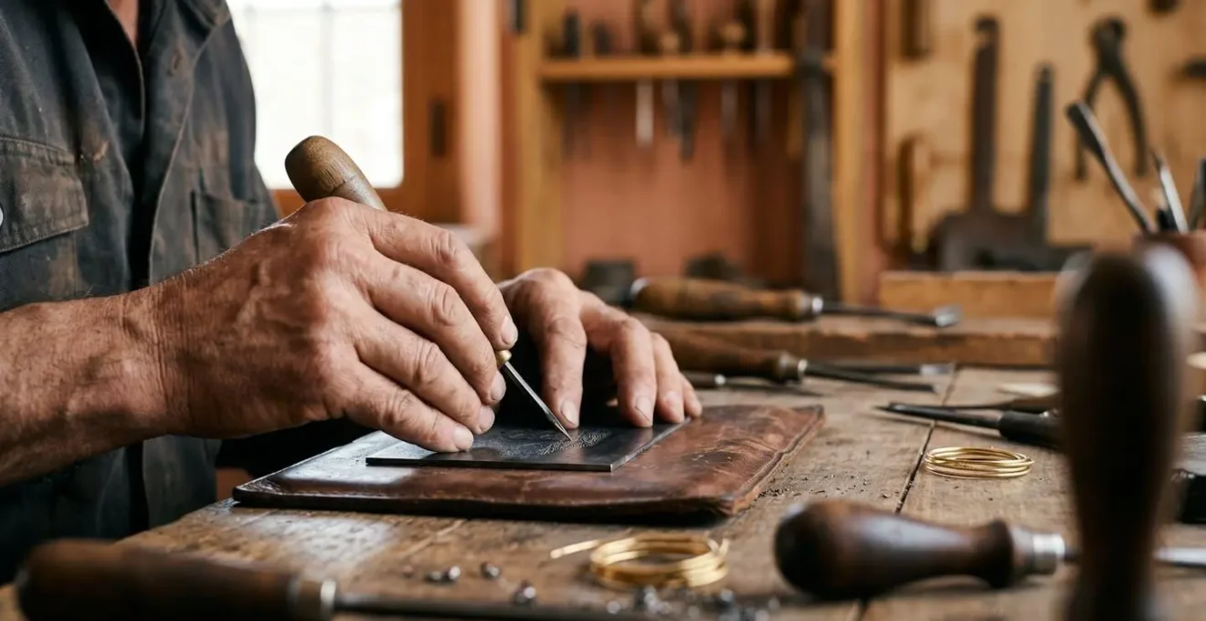 Manos de maestro artesano trabajando filigrana de oro sobre acero en taller tradicional toledano