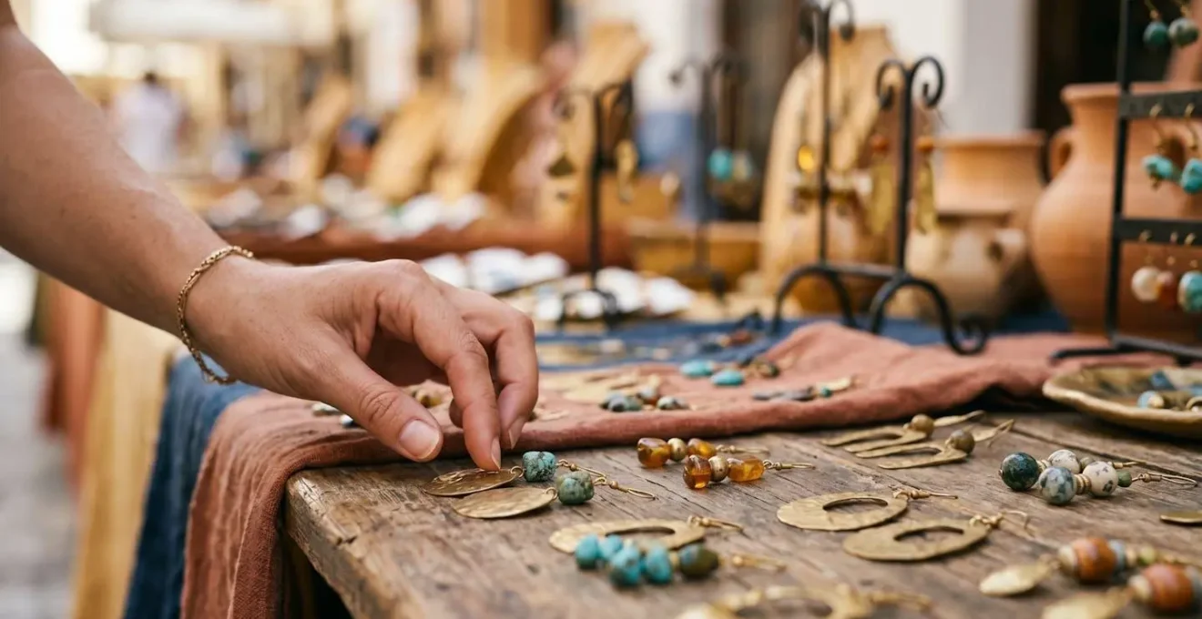 Manos de mujer observando joyas artesanales en vitrina con luz natural cálida en mercado español