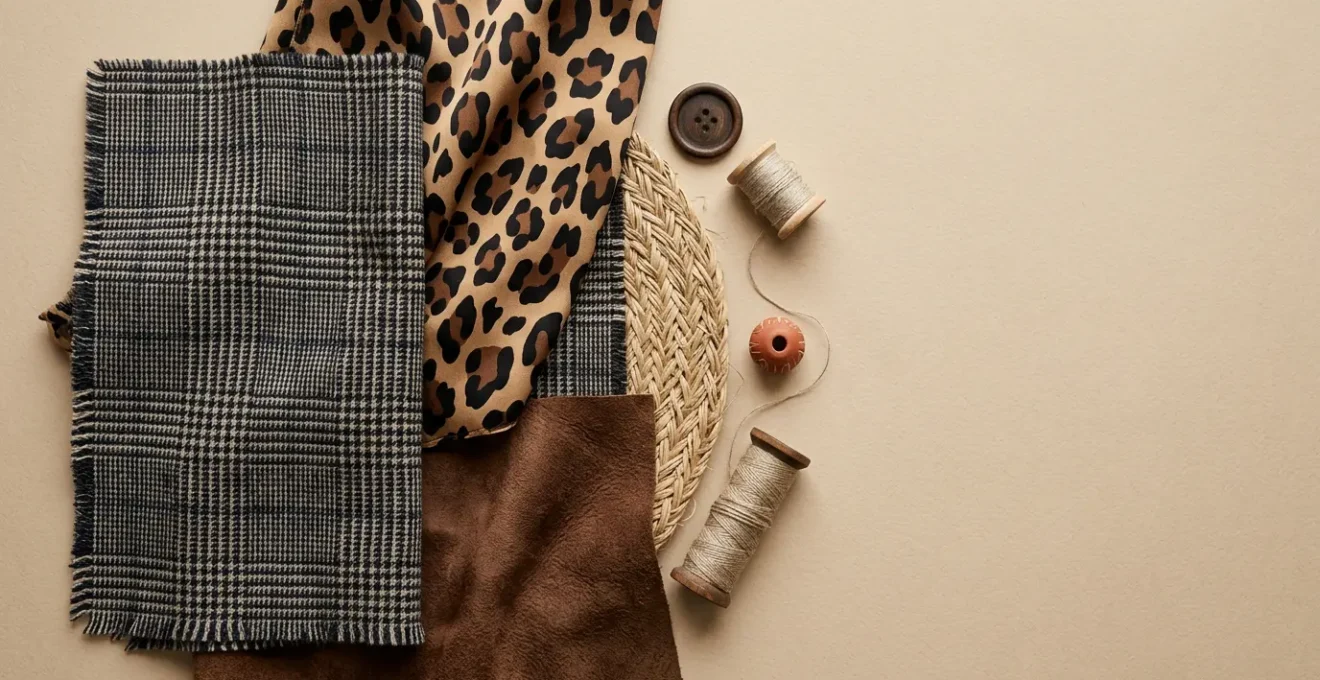 Composicion editorial de moda mostrando estampados de leopardo y cuadros combinados con elegancia